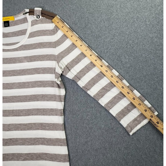 St John Blouse Women's Large Yellow Label Ivory Tan Stripe 3/4 Sleeve Zipper - Picture 10 of 10